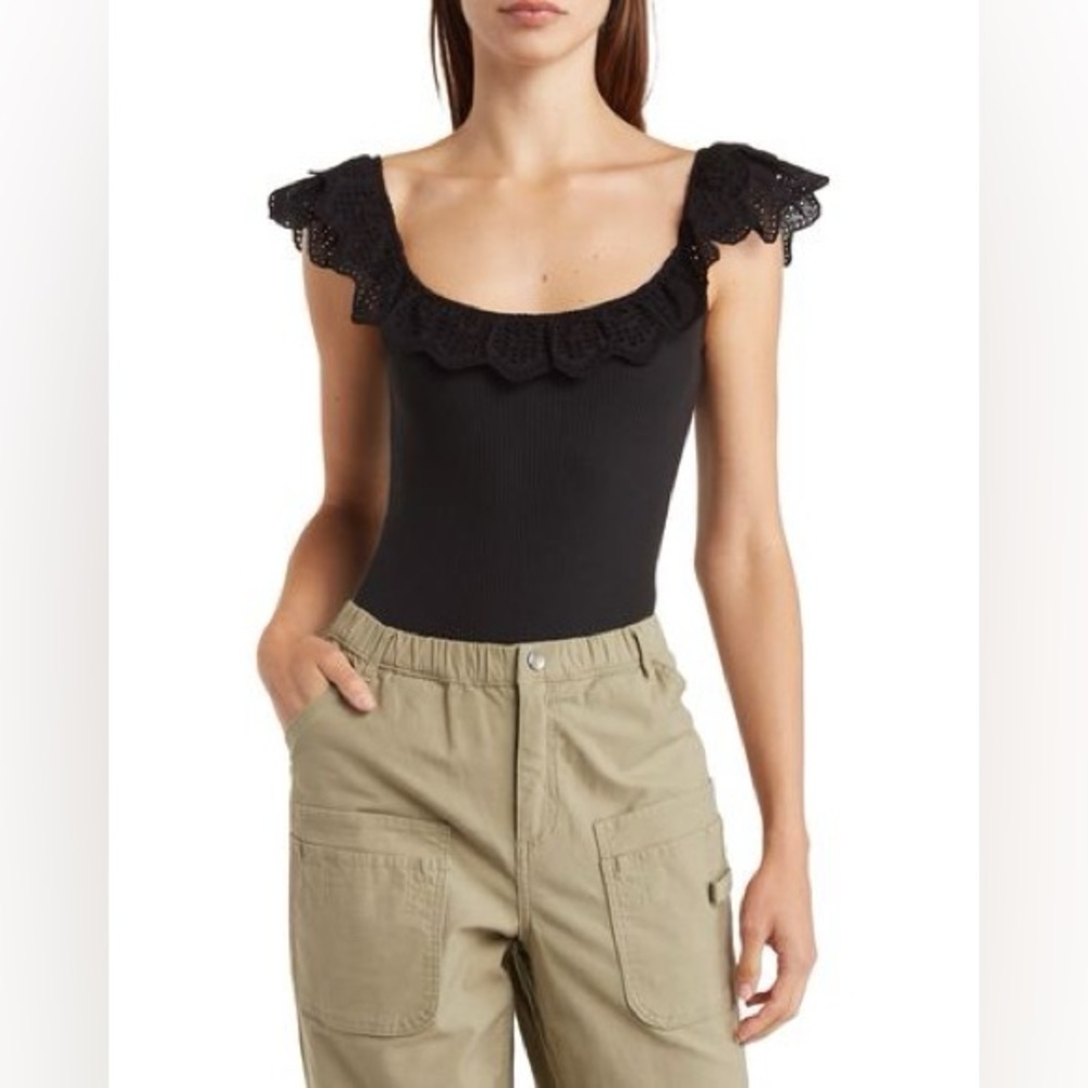 Good Luck Gem Ribbed Eyelet Puff Sleeve Square Neck Bodysuit Black Size S